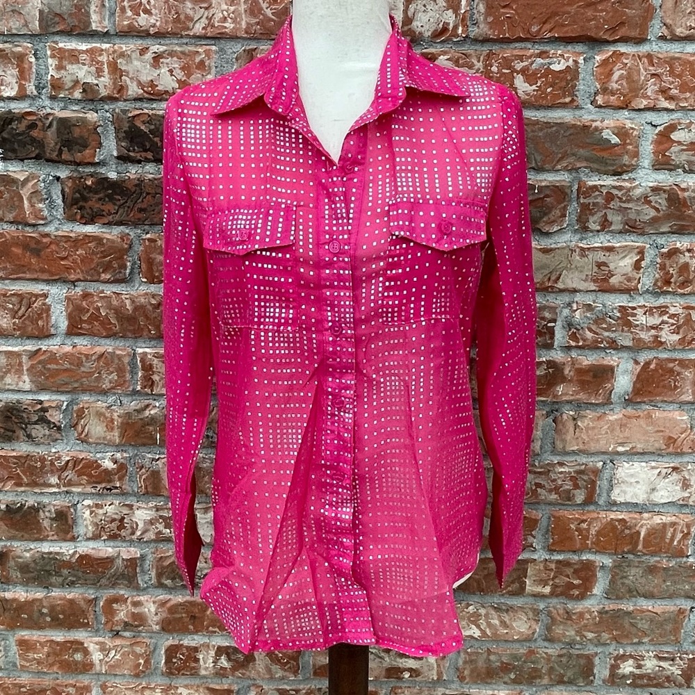 Hot pink Dots pink and silver button down top / S / Excellent condition